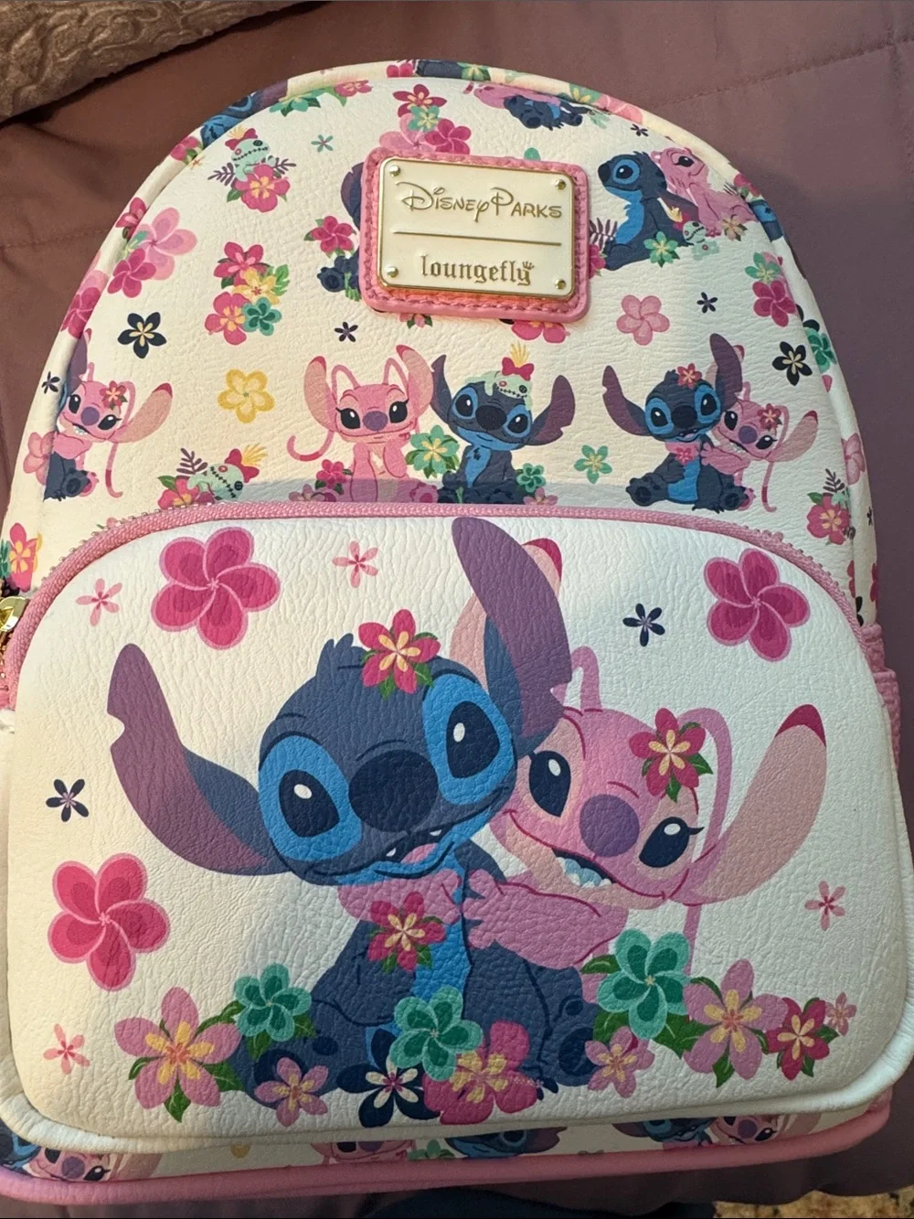 Disney Parks Pink & Blue Stitch and Angel Floral Mini Backpack Loungefly